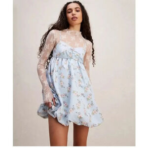 Free People In a Bubble Floral Babydoll Mini Dress in Powder Blue Medium